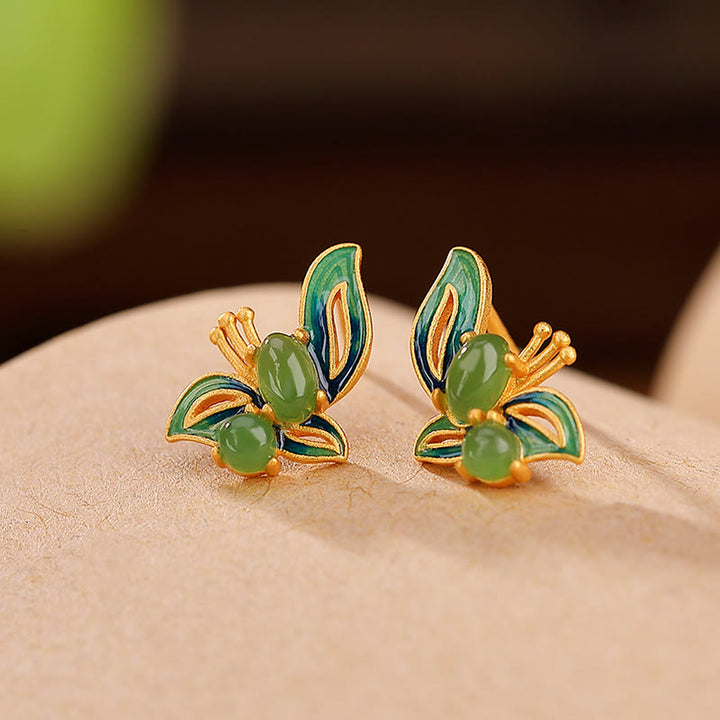 Buddha Stones 925 Sterling Silver Plated Gold Natural Cyan Jade Butterfly Luck Healing Earrings - Golden Blue Butterfly - image 1