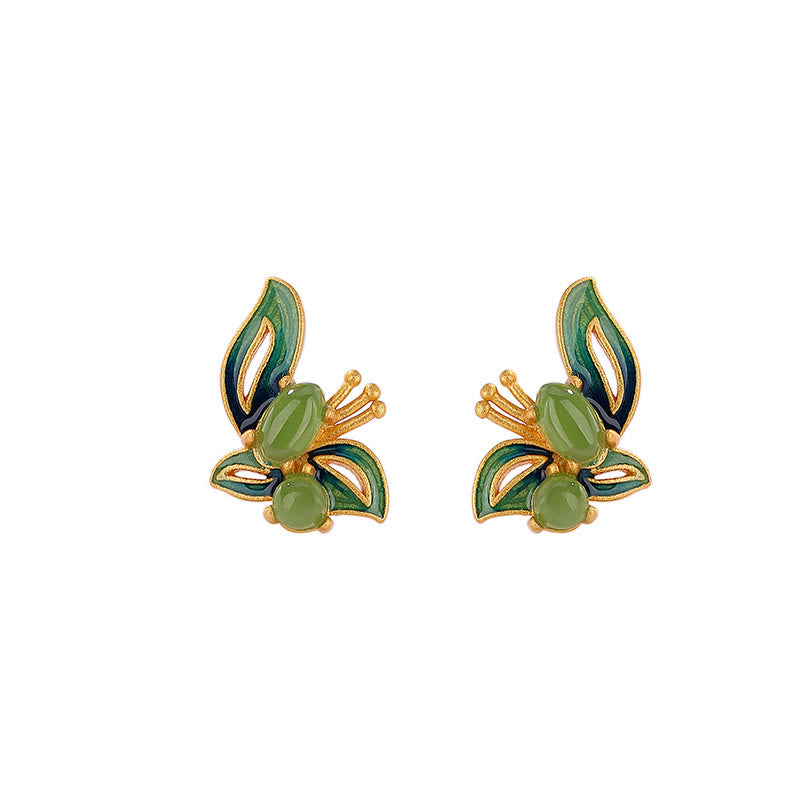 Buddha Stones 925 Sterling Silver Plated Gold Natural Cyan Jade Butterfly Luck Healing Earrings - image 7