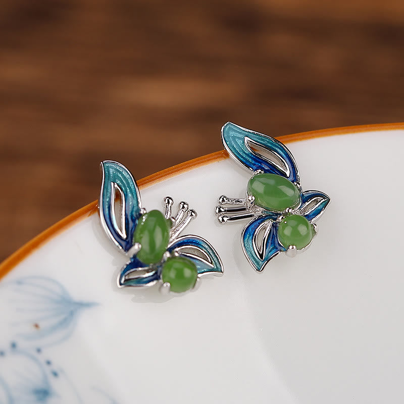Buddha Stones 925 Sterling Silver Plated Gold Natural Cyan Jade Butterfly Luck Healing Earrings - image 9