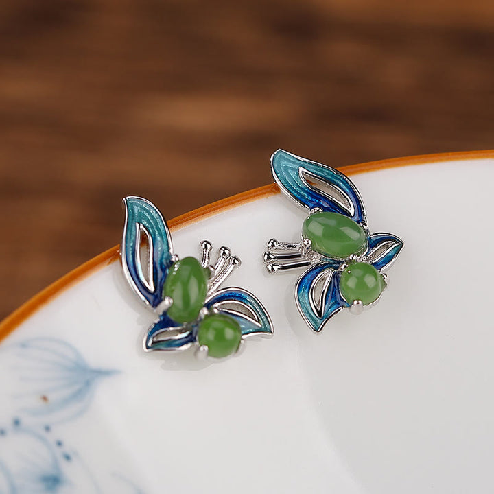 Buddha Stones 925 Sterling Silver Plated Gold Natural Cyan Jade Butterfly Luck Healing Earrings - image 9