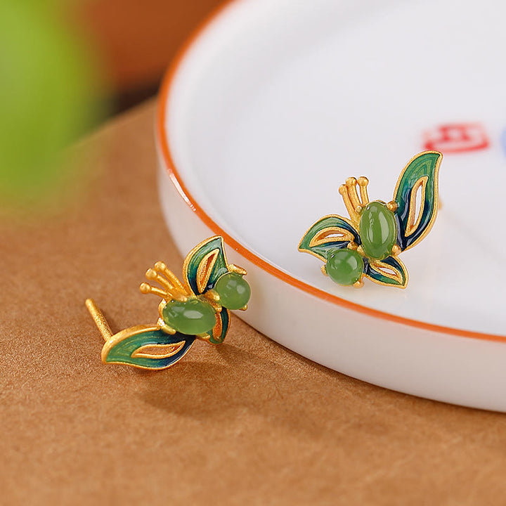 Buddha Stones 925 Sterling Silver Plated Gold Natural Cyan Jade Butterfly Luck Healing Earrings - image 2