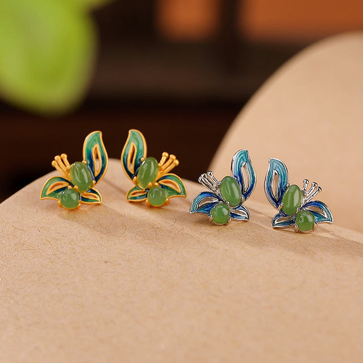 Buddha Stones 925 Sterling Silver Plated Gold Natural Cyan Jade Butterfly Luck Healing Earrings - image 0