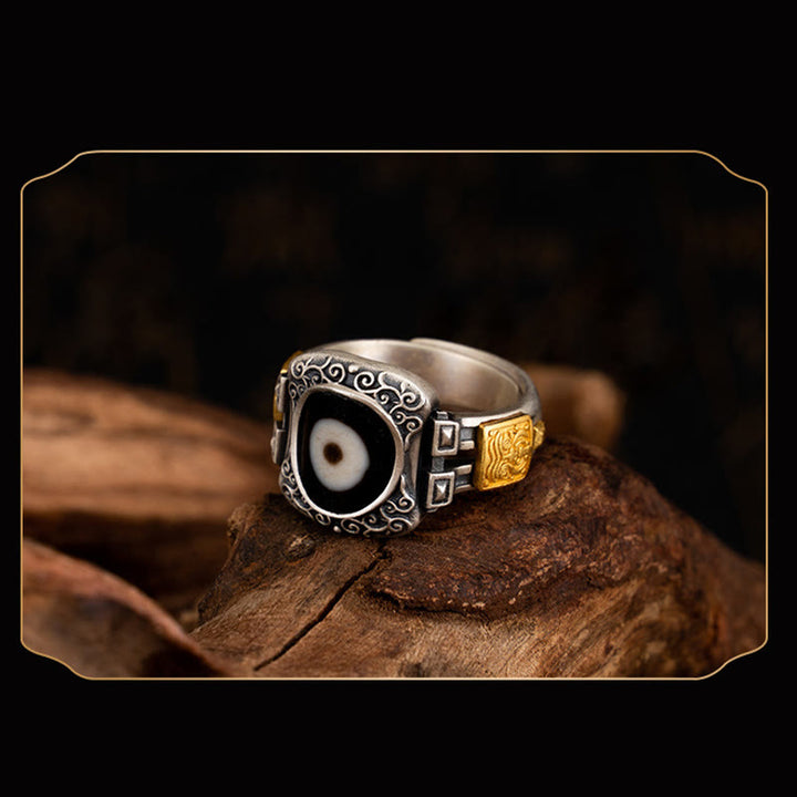 Buddha Stones 925 Sterling Silver Zakiram Goddess of Wealth Design Dzi Bead Protection Ring - image 6
