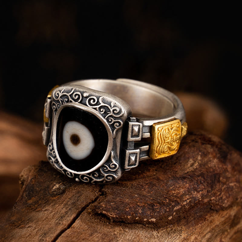 Buddha Stones 925 Sterling Silver Zakiram Goddess of Wealth Design Dzi Bead Protection Ring - Circumference: 7cm(Adjustable) - image 0