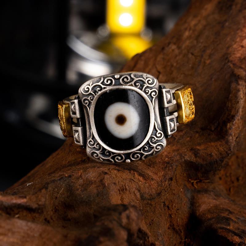 Buddha Stones 925 Sterling Silver Zakiram Goddess of Wealth Design Dzi Bead Protection Ring - image 1