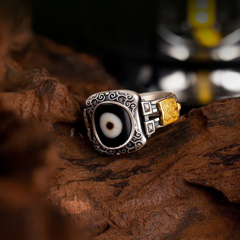 Buddha Stones 925 Sterling Silver Zakiram Goddess of Wealth Design Dzi Bead Protection Ring - image 4