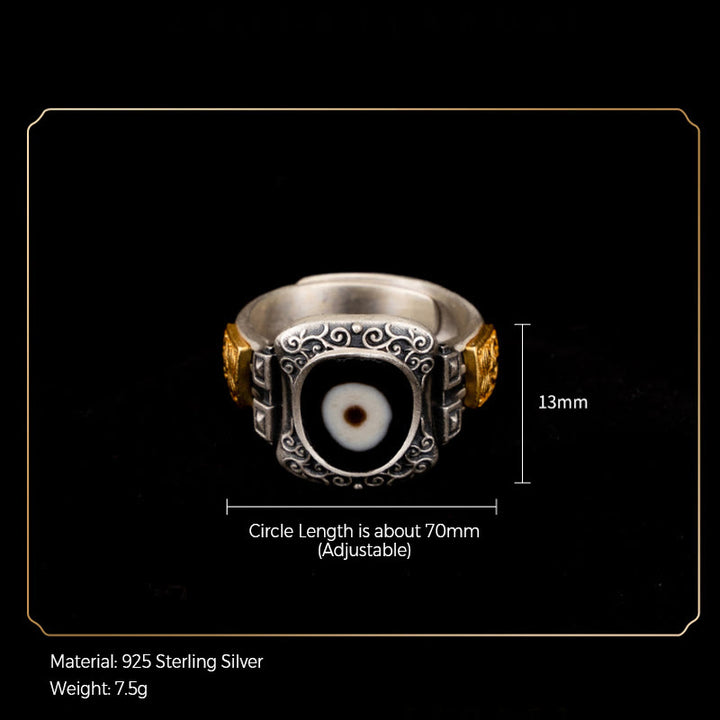 Buddha Stones 925 Sterling Silver Zakiram Goddess of Wealth Design Dzi Bead Protection Ring - image 8