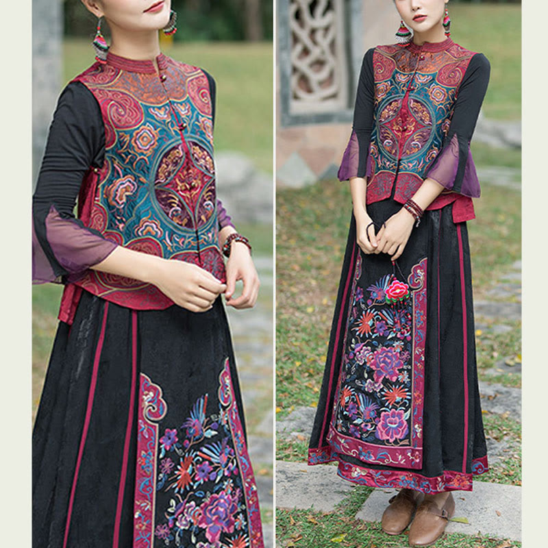 Buddha Stones Vintage Style Embroidery Flower Tang Suit Design Sleeveless Vest - image 21