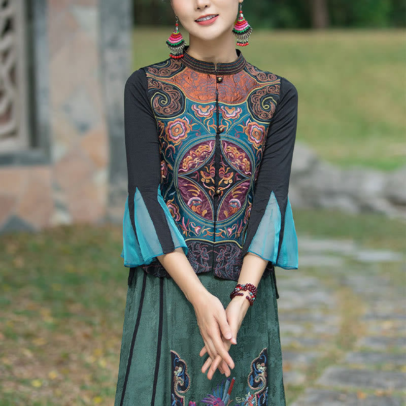 Buddha Stones Vintage Style Embroidery Flower Tang Suit Design Sleeveless Vest - Black(Vest Only) - 2XL(Bust 100cm/Shoulder 40cm/Length 59cm) - image 9