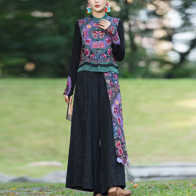 Buddha Stones Frog-Button Embroidery Flowers Cotton Linen Tang Suit Design Sleeveless Vest - image 5