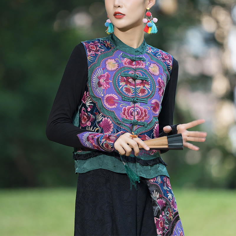 Buddha Stones Frog-Button Embroidery Flowers Cotton Linen Tang Suit Design Sleeveless Vest - US8-10，UK/AU12-14，EU40-42 (2XL)-(Vest Only) - image 0