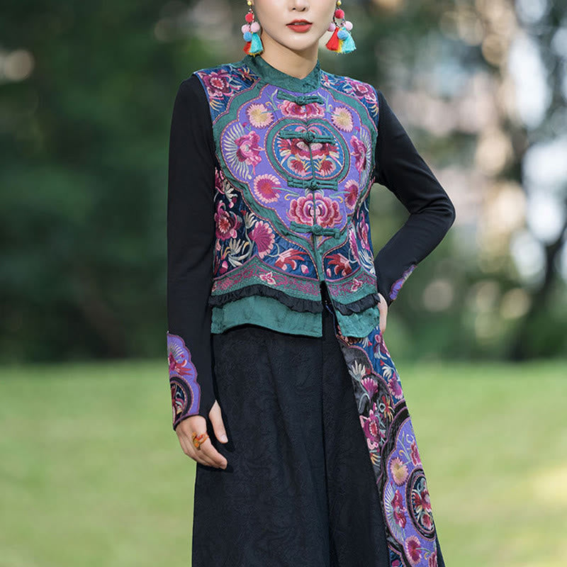 Buddha Stones Frog-Button Embroidery Flowers Cotton Linen Tang Suit Design Sleeveless Vest - image 3