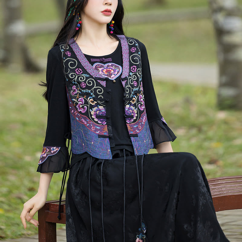 Buddha Stones Vintage Frog-Button Embroidery Purple Flower Tang Suit Design Sleeveless Vest - 3XL(Bust 102cm/Shoulder 36cm/Length 53cm)(Vest Only) - image 0