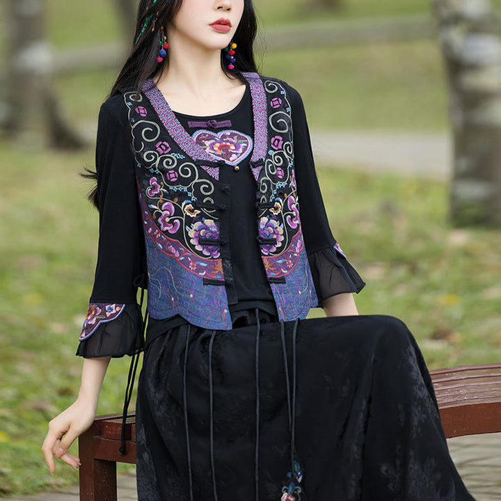 Buddha Stones Vintage Frog-Button Embroidery Purple Flower Tang Suit Design Sleeveless Vest - 3XL(Bust 102cm/Shoulder 36cm/Length 53cm)(Vest Only) - image 0