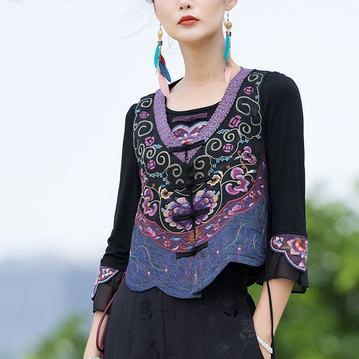 Buddha Stones Vintage Frog-Button Embroidery Purple Flower Tang Suit Design Sleeveless Vest - image 2