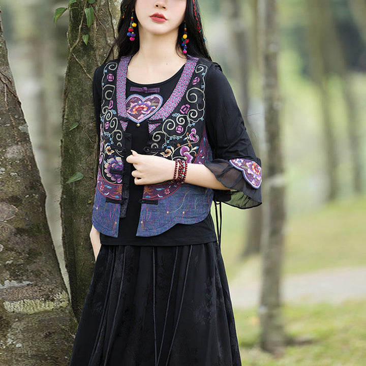 Buddha Stones Vintage Frog-Button Embroidery Purple Flower Tang Suit Design Sleeveless Vest - image 4