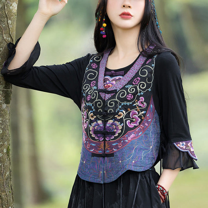 Buddha Stones Vintage Frog-Button Embroidery Purple Flower Tang Suit Design Sleeveless Vest - image 1