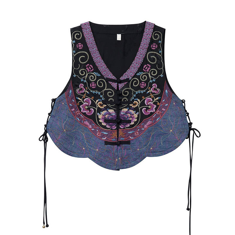 Buddha Stones Vintage Frog-Button Embroidery Purple Flower Tang Suit Design Sleeveless Vest - image 11