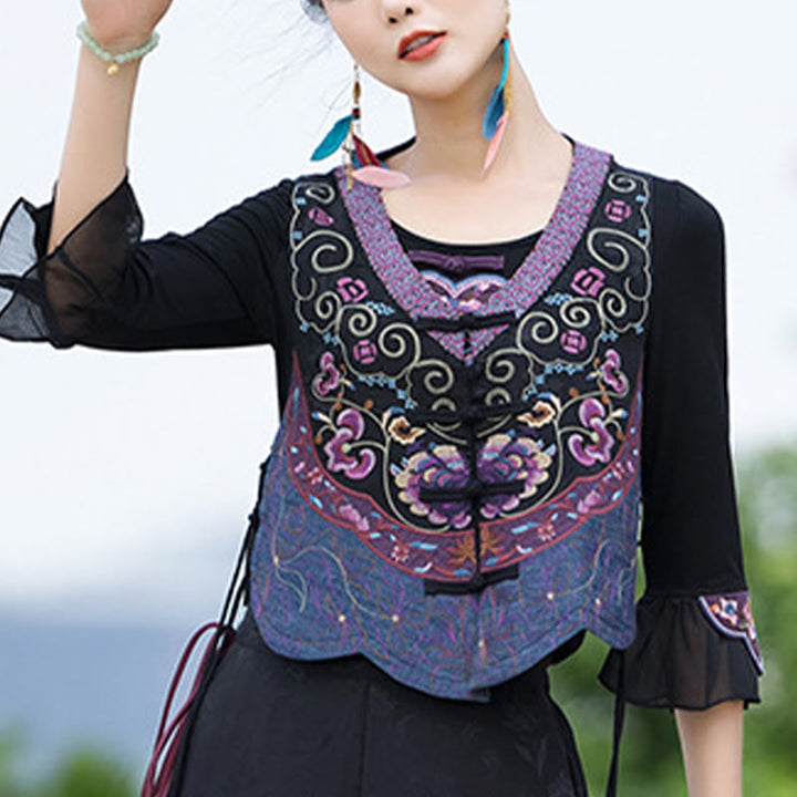 Buddha Stones Vintage Frog-Button Embroidery Purple Flower Tang Suit Design Sleeveless Vest - image 6