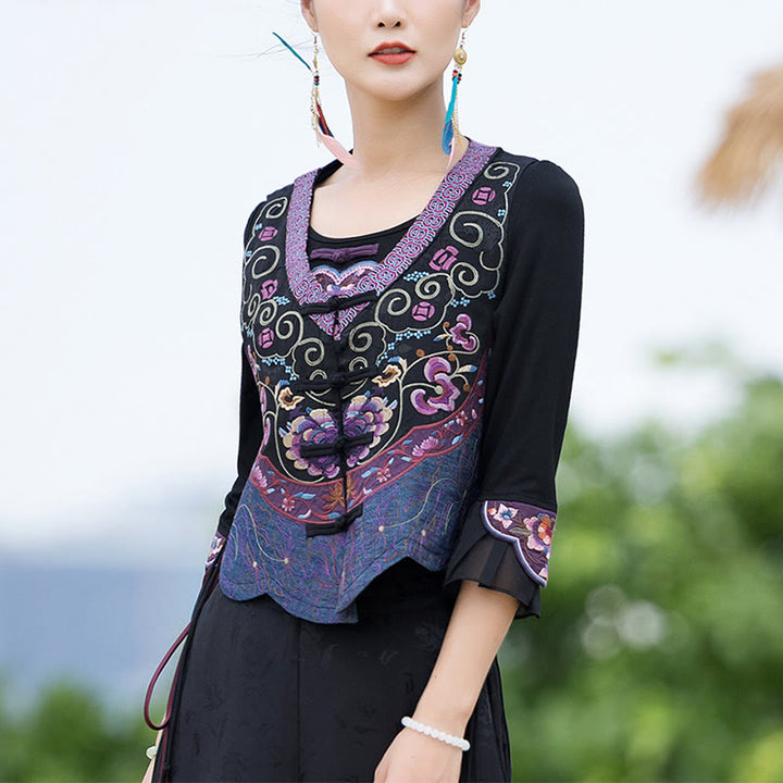 Buddha Stones Vintage Frog-Button Embroidery Purple Flower Tang Suit Design Sleeveless Vest - image 3