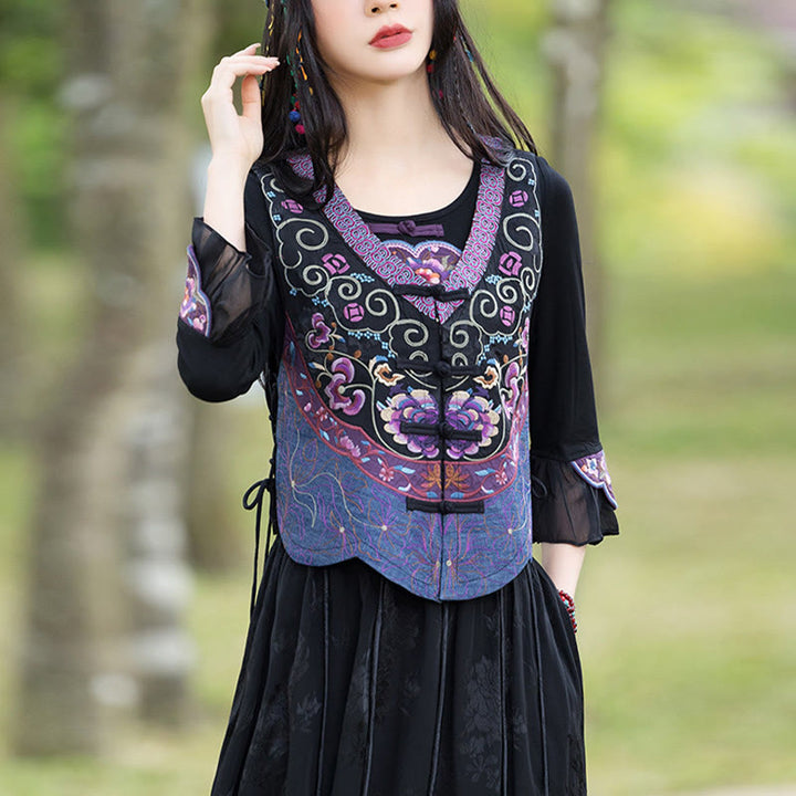 Buddha Stones Vintage Frog-Button Embroidery Purple Flower Tang Suit Design Sleeveless Vest - image 5