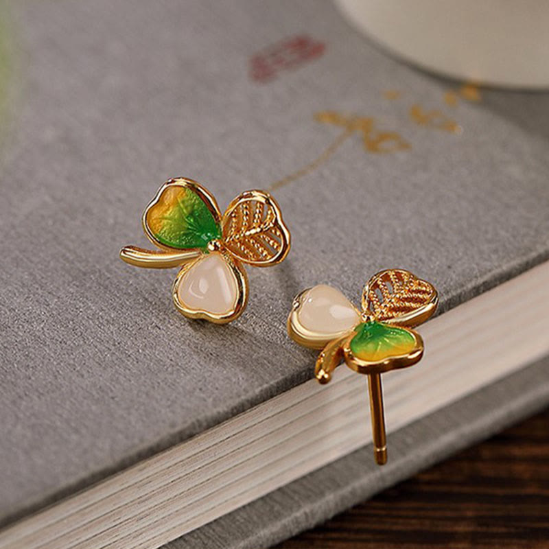 Buddha Stones 925 Sterling Silver Plated Gold Hetian Jade Luck Shamrock Clover Necklace Pendant Earrings - image 6