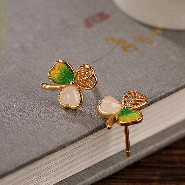 Buddha Stones 925 Sterling Silver Plated Gold Hetian Jade Luck Shamrock Clover Necklace Pendant Earrings - image 6