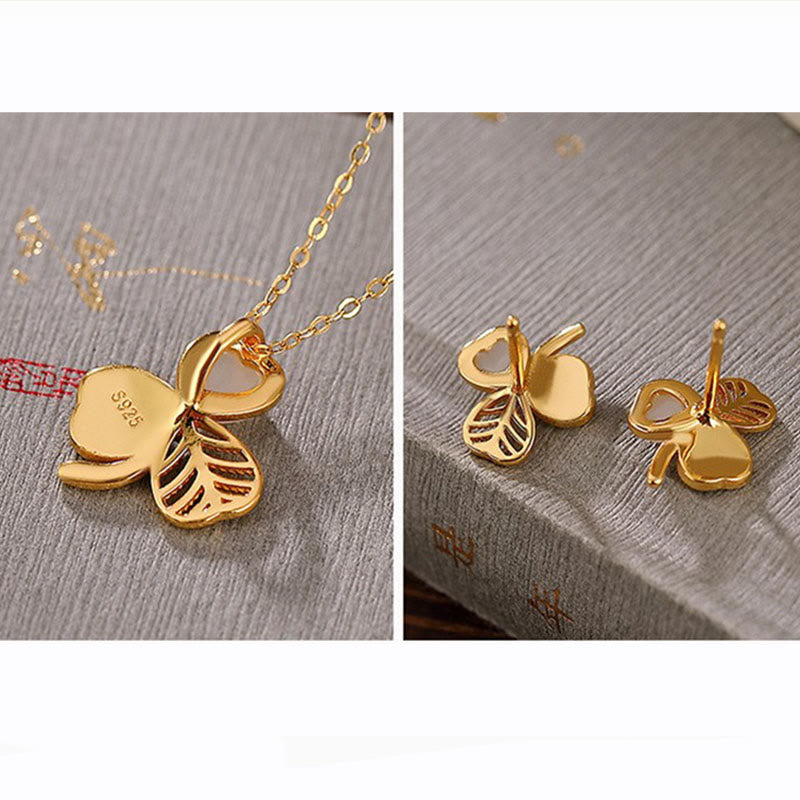 Buddha Stones 925 Sterling Silver Plated Gold Hetian Jade Luck Shamrock Clover Necklace Pendant Earrings - image 8