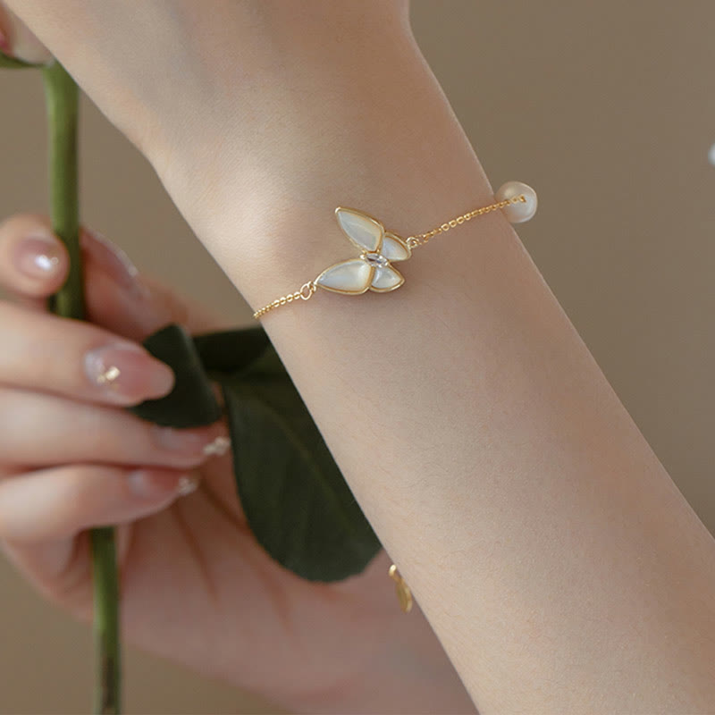 Buddha Stones 14K Gold Plated Copper Pearl Tridacna Stone Butterfly Blessing Ring Bracelet Necklace Pendant Earrings Set - Bracelet(Wrist Circumference 14-15cm) - image 6