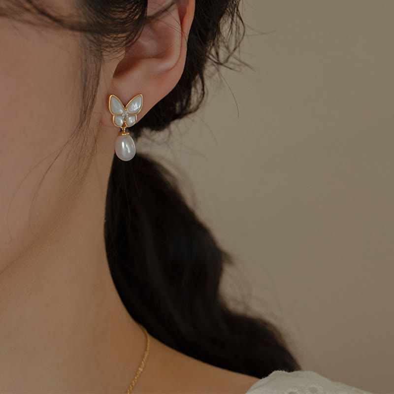 Buddha Stones 14K Gold Plated Copper Pearl Tridacna Stone Butterfly Blessing Ring Bracelet Necklace Pendant Earrings Set - Earrings - image 8