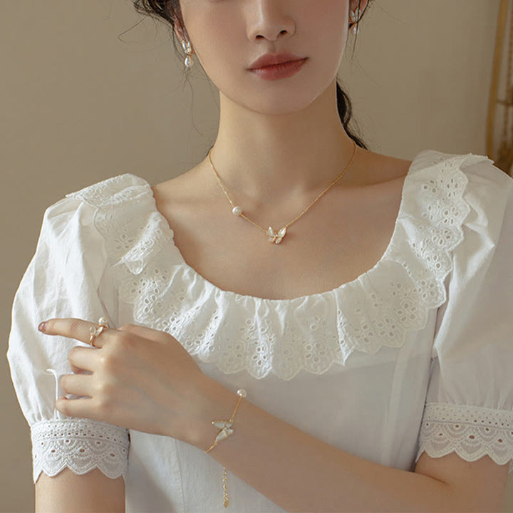 Buddha Stones 14K Gold Plated Copper Pearl Tridacna Stone Butterfly Blessing Ring Bracelet Necklace Pendant Earrings Set - image 9