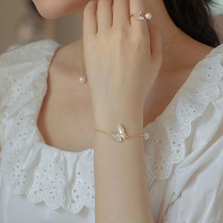 Buddha Stones 14K Gold Plated Copper Pearl Tridacna Stone Butterfly Blessing Ring Bracelet Necklace Pendant Earrings Set - image 10