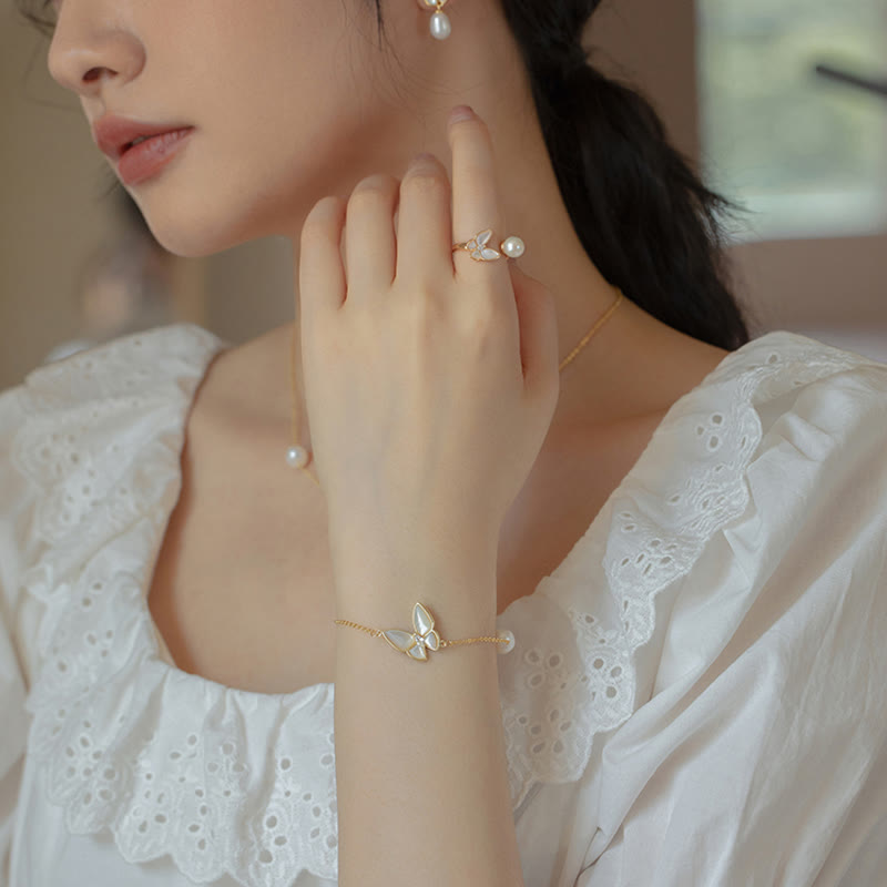 Buddha Stones 14K Gold Plated Copper Pearl Tridacna Stone Butterfly Blessing Ring Bracelet Necklace Pendant Earrings Set - 4Pcs(Ring Bracelet Necklace&Earrings) - image 0