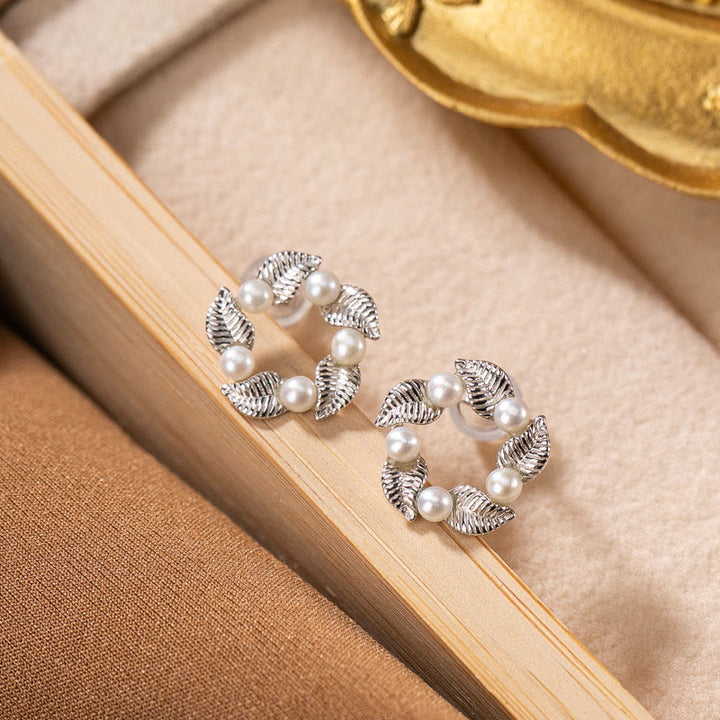 Buddha Stones 925 Sterling Silver Pearl Leaf Design Healing Wisdom Necklace Pendant Ring Earrings Set - Earrings - image 3