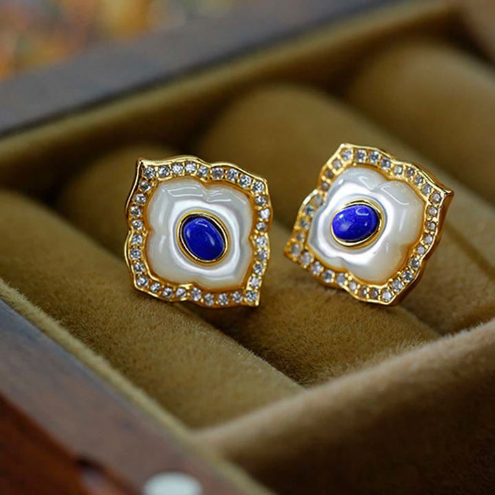 Buddha Stones 925 Sterling Silver Tridacna Stone Lazurite Prismatic Design Blessing Earrings Necklace Pendant Jewelry Set - Earrings - image 6