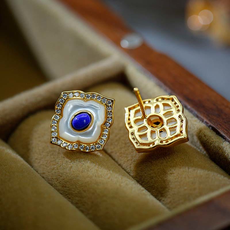 Buddha Stones 925 Sterling Silver Tridacna Stone Lazurite Prismatic Design Blessing Earrings Necklace Pendant Jewelry Set - image 8