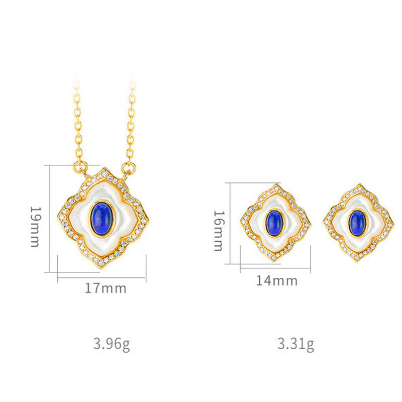 Buddha Stones 925 Sterling Silver Tridacna Stone Lazurite Prismatic Design Blessing Earrings Necklace Pendant Jewelry Set - image 11