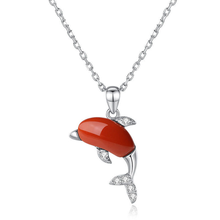 Buddha Stones 925 Sterling Silver Cute Dolphin Hetian Jade Red Agate Luck Necklace Pendant Ring Earrings Set - Necklace - Red Agate - image 5