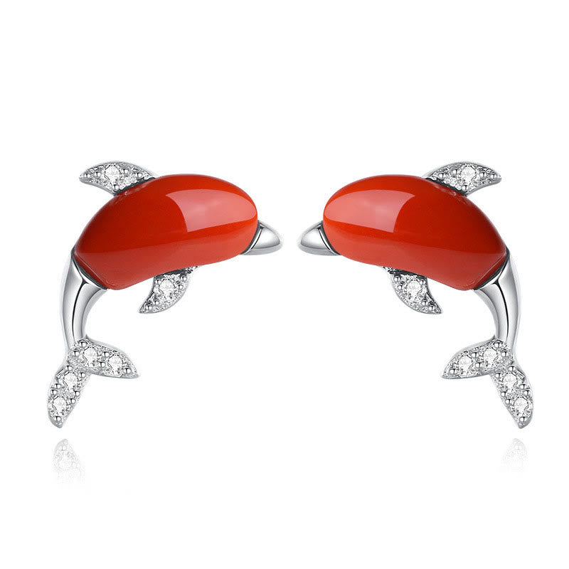 Buddha Stones 925 Sterling Silver Cute Dolphin Hetian Jade Red Agate Luck Necklace Pendant Ring Earrings Set - Earrings - Red Agate - image 12