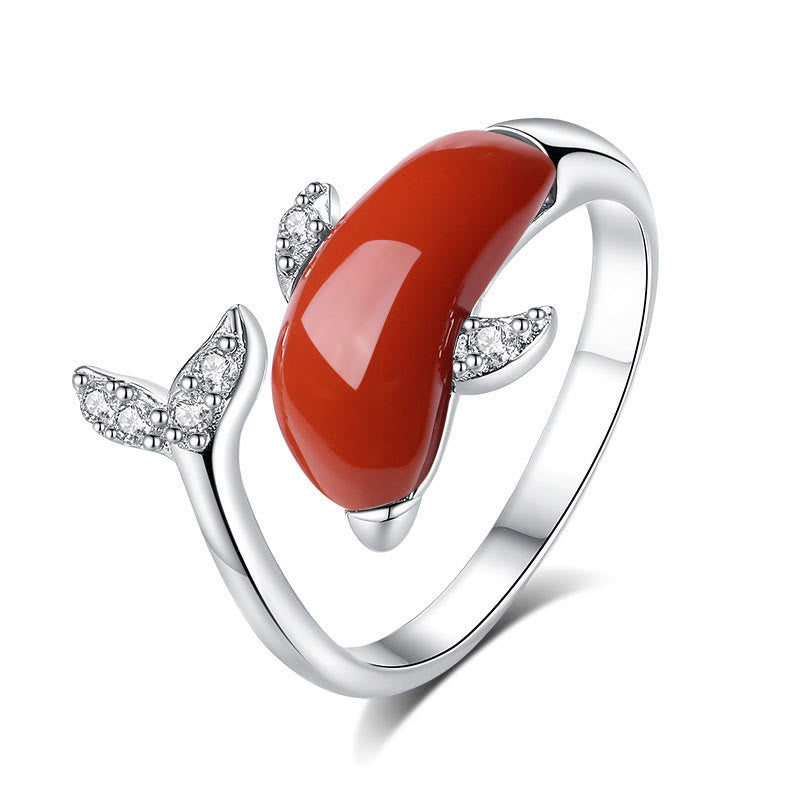 Buddha Stones 925 Sterling Silver Cute Dolphin Hetian Jade Red Agate Luck Necklace Pendant Ring Earrings Set - Ring(Adjustable) - Red Agate - image 8