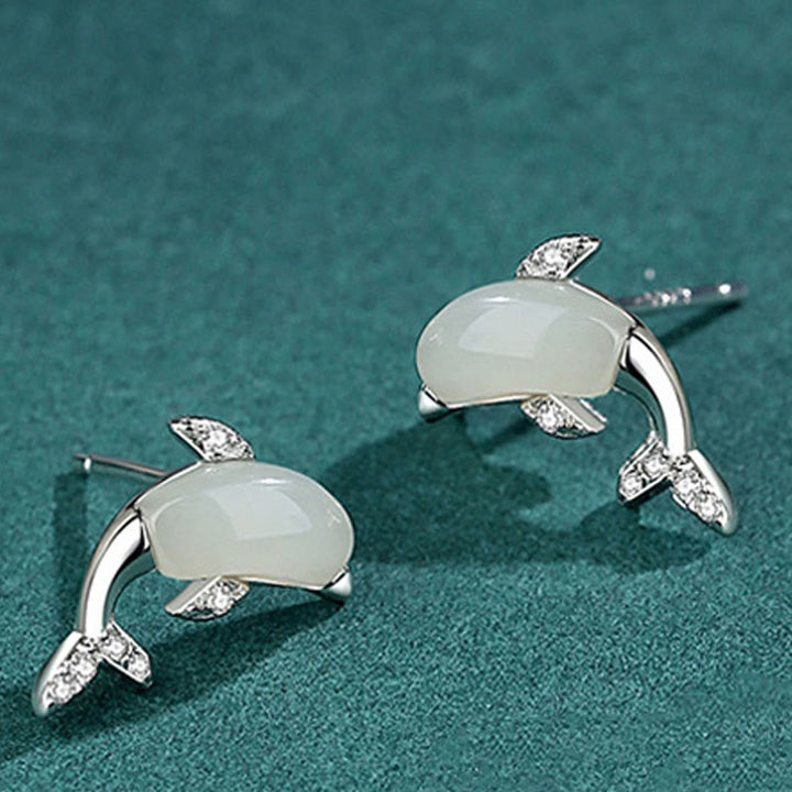Buddha Stones 925 Sterling Silver Cute Dolphin Hetian Jade Red Agate Luck Necklace Pendant Ring Earrings Set - Earrings - Hetian Jade - image 10