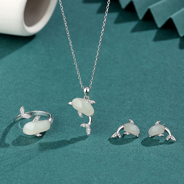 Buddha Stones 925 Sterling Silver Cute Dolphin Hetian Jade Red Agate Luck Necklace Pendant Ring Earrings Set - 3Pcs(Necklace&Ring&Earrings) - Hetian Jade - image 0