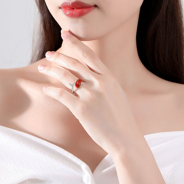 Buddha Stones 925 Sterling Silver Cute Dolphin Hetian Jade Red Agate Luck Necklace Pendant Ring Earrings Set - image 9