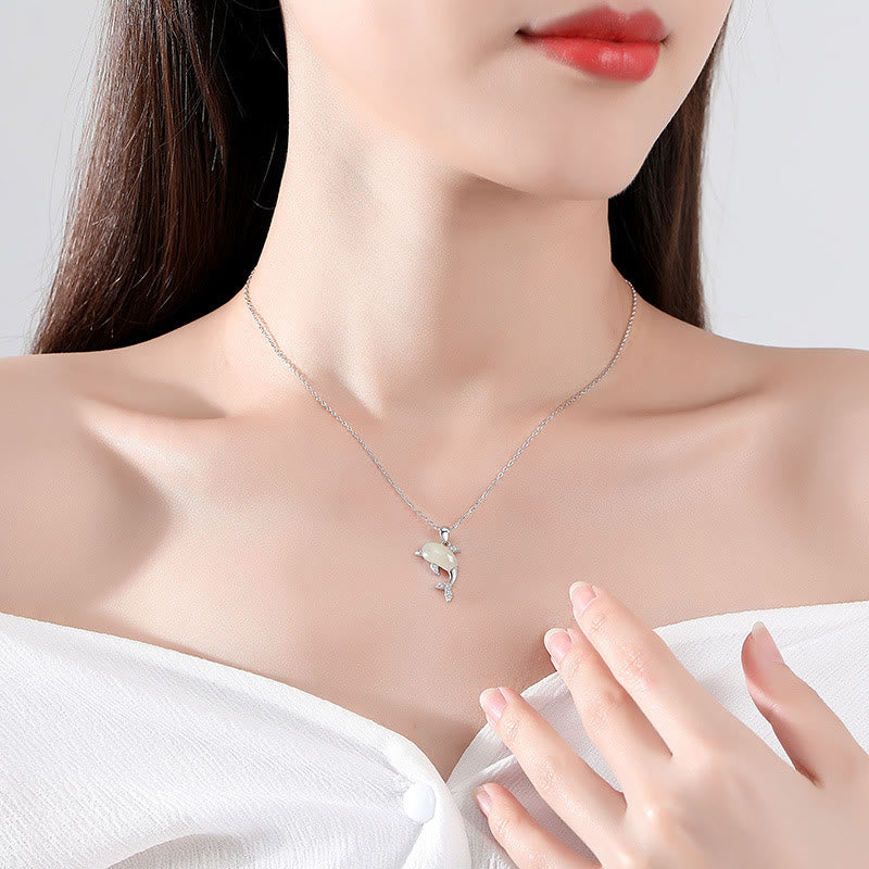 Buddha Stones 925 Sterling Silver Cute Dolphin Hetian Jade Red Agate Luck Necklace Pendant Ring Earrings Set - image 4