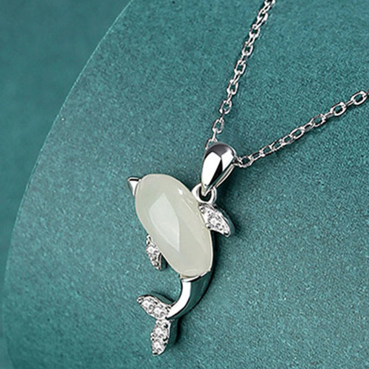 Buddha Stones 925 Sterling Silver Cute Dolphin Hetian Jade Red Agate Luck Necklace Pendant Ring Earrings Set - Necklace - Hetian Jade - image 2