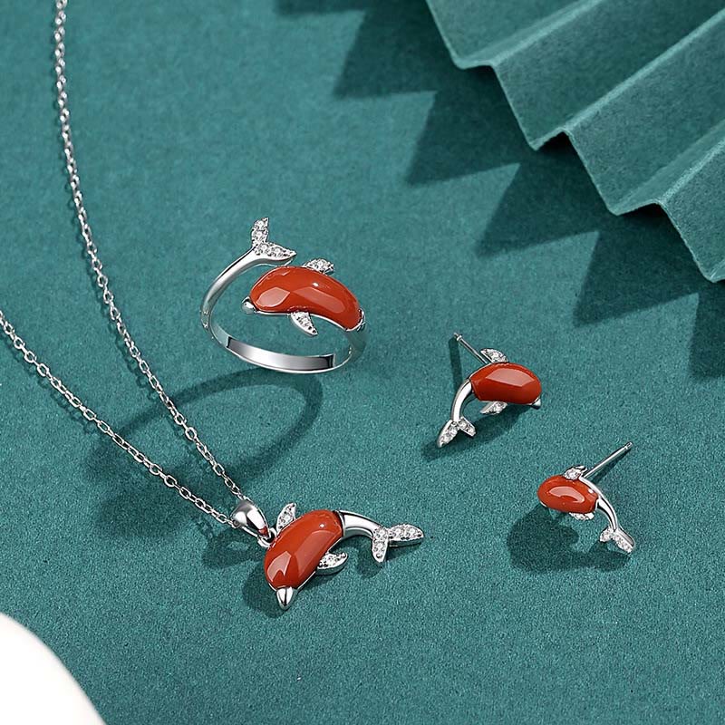 Buddha Stones 925 Sterling Silver Cute Dolphin Hetian Jade Red Agate Luck Necklace Pendant Ring Earrings Set - 3Pcs(Necklace&Ring&Earrings) - Red Agate - image 1