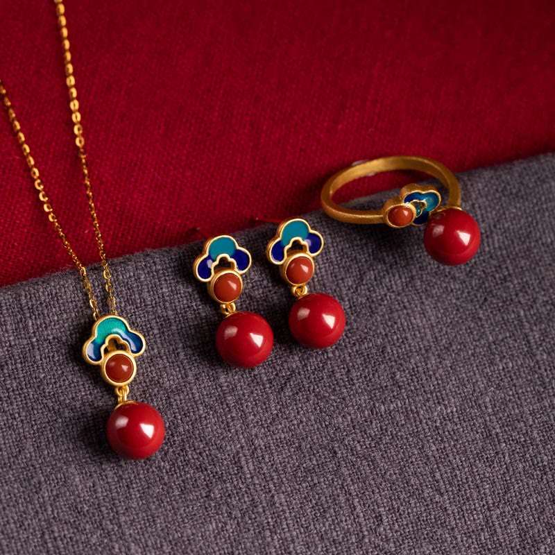 Buddha Stones 925 Sterling Silver Plated Gold Cinnabar Red Agate Blessing Necklace Pendant Earrings Ring Set - 3Pcs(Necklace&Ring&Earrings) - image 0