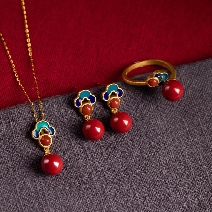 Buddha Stones 925 Sterling Silver Plated Gold Cinnabar Red Agate Blessing Necklace Pendant Earrings Ring Set - 3Pcs(Necklace&Ring&Earrings) - image 0