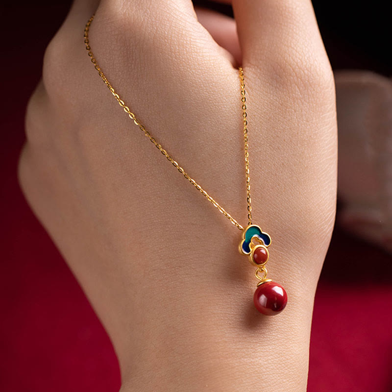 Buddha Stones 925 Sterling Silver Plated Gold Cinnabar Red Agate Blessing Necklace Pendant Earrings Ring Set - Necklace - image 3