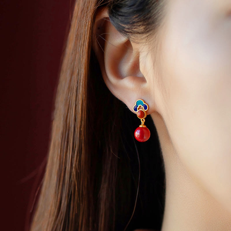 Buddha Stones 925 Sterling Silver Plated Gold Cinnabar Red Agate Blessing Necklace Pendant Earrings Ring Set - Earrings - image 14
